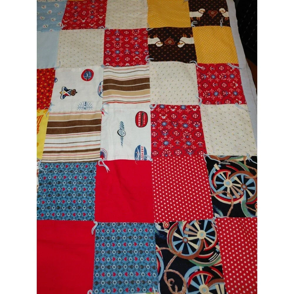 Vintage Scrap Patchwork Handmade Quilt Bright Floral Patches 80 X 40 READ DESC
